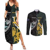 New Zealand and South Africa Rugby Custom Couples Matching Summer Maxi Dress and Long Sleeve Button Shirt Silver Fern With Springboks LT15 Black - Polynesian Pride