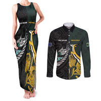 New Zealand and South Africa Rugby Custom Couples Matching Tank Maxi Dress and Long Sleeve Button Shirt Silver Fern With Springboks LT15 Black - Polynesian Pride