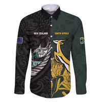New Zealand and South Africa Rugby Custom Family Matching Off Shoulder Maxi Dress and Hawaiian Shirt Silver Fern With Springboks LT15 Dad's Shirt - Long Sleeve Black - Polynesian Pride
