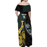New Zealand and South Africa Rugby Custom Family Matching Off Shoulder Maxi Dress and Hawaiian Shirt Silver Fern With Springboks LT15 - Polynesian Pride