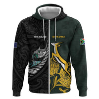 New Zealand and South Africa Rugby Custom Hoodie Silver Fern With Springboks LT15 Zip Hoodie Black - Polynesian Pride
