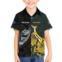 New Zealand and South Africa Rugby Custom Kid Hawaiian Shirt Silver Fern With Springboks LT15 Kid Black - Polynesian Pride