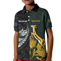 New Zealand and South Africa Rugby Custom Kid Polo Shirt Silver Fern With Springboks LT15 Kid Black - Polynesian Pride