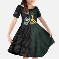 New Zealand and South Africa Rugby Custom Kid Short Sleeve Dress Silver Fern With Springboks LT15 KID Black - Polynesian Pride
