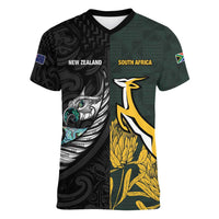 New Zealand and South Africa Rugby Custom Women V-Neck T-Shirt Silver Fern With Springboks LT15 Female Black - Polynesian Pride