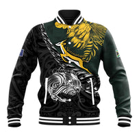 New Zealand and South Africa Rugby Personalised Baseball Jacket Maori Kiwi With Springboks LT15 Unisex Black - Polynesian Pride