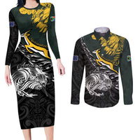 New Zealand and South Africa Rugby Personalised Couples Matching Long Sleeve Bodycon Dress and Long Sleeve Button Shirt Maori Kiwi With Springboks LT15 Black - Polynesian Pride