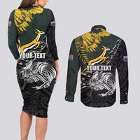 New Zealand and South Africa Rugby Personalised Couples Matching Long Sleeve Bodycon Dress and Long Sleeve Button Shirt Maori Kiwi With Springboks LT15 - Polynesian Pride