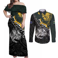 New Zealand and South Africa Rugby Personalised Couples Matching Off Shoulder Maxi Dress and Long Sleeve Button Shirt Maori Kiwi With Springboks LT15 Black - Polynesian Pride