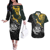 New Zealand and South Africa Rugby Personalised Couples Matching Off The Shoulder Long Sleeve Dress and Hawaiian Shirt Maori Kiwi With Springboks LT15 Black - Polynesian Pride