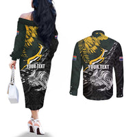 New Zealand and South Africa Rugby Personalised Couples Matching Off The Shoulder Long Sleeve Dress and Long Sleeve Button Shirt Maori Kiwi With Springboks LT15 - Polynesian Pride