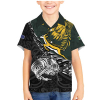 New Zealand and South Africa Rugby Personalised Family Matching Mermaid Dress and Hawaiian Shirt Maori Kiwi With Springboks LT15 Son's Shirt Black - Polynesian Pride