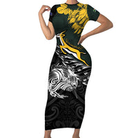 New Zealand and South Africa Rugby Personalised Family Matching Short Sleeve Bodycon Dress and Hawaiian Shirt Maori Kiwi With Springboks LT15 Mom's Dress Black - Polynesian Pride