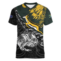 New Zealand and South Africa Rugby Personalised Women V-Neck T-Shirt Maori Kiwi With Springboks LT15 Female Black - Polynesian Pride