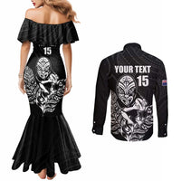 New Zealand Silver Fern Rugby Custom Couples Matching Mermaid Dress and Long Sleeve Button Shirt Maori Tiki Black Version LT15 - Polynesian Pride