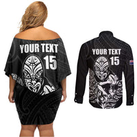 New Zealand Silver Fern Rugby Custom Couples Matching Off Shoulder Short Dress and Long Sleeve Button Shirt Maori Tiki Black Version LT15 - Polynesian Pride