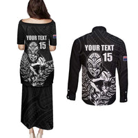 New Zealand Silver Fern Rugby Custom Couples Matching Puletasi and Long Sleeve Button Shirt Maori Tiki Black Version LT15 - Polynesian Pride
