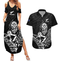 New Zealand Silver Fern Rugby Custom Couples Matching Summer Maxi Dress and Hawaiian Shirt Maori Tiki Black Version LT15 Black - Polynesian Pride