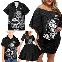 New Zealand Silver Fern Rugby Custom Family Matching Off Shoulder Short Dress and Hawaiian Shirt Maori Tiki Black Version