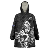 New Zealand Silver Fern Rugby Custom Wearable Blanket Hoodie Maori Tiki Black Version