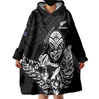 New Zealand Silver Fern Rugby Custom Wearable Blanket Hoodie Maori Tiki Black Version