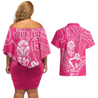 New Zealand Silver Fern Rugby Custom Couples Matching Off Shoulder Short Dress and Hawaiian Shirt Maori Tiki Pink Version