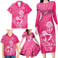 New Zealand Silver Fern Rugby Custom Family Matching Long Sleeve Bodycon Dress and Hawaiian Shirt Maori Tiki Pink Version