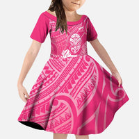 New Zealand Silver Fern Rugby Custom Family Matching Off Shoulder Maxi Dress and Hawaiian Shirt Maori Tiki Pink Version LT15 Daughter's Dress Pink - Polynesian Pride