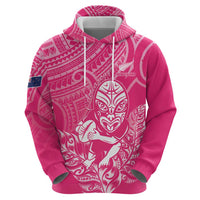 New Zealand Silver Fern Rugby Custom Zip Hoodie Maori Tiki Pink Version