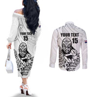 New Zealand Silver Fern Rugby Custom Couples Matching Off The Shoulder Long Sleeve Dress and Long Sleeve Button Shirt Maori Tiki White Version