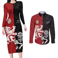 Custom British Lions New Zealand Couples Matching Long Sleeve Bodycon Dress and Long Sleeve Button Shirt Unique Style - Polynesian Pride