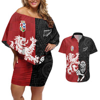 Custom British Lions New Zealand Couples Matching Off Shoulder Short Dress and Hawaiian Shirt Unique Style LT18 Red - Polynesian Pride