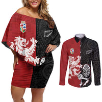 Custom British Lions New Zealand Couples Matching Off Shoulder Short Dress and Long Sleeve Button Shirt Unique Style LT18 Red - Polynesian Pride