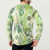 Green Aloha Hawaiian Button Sweatshirt Monstera Hibiscus Tropical Pattern LT19 - Polynesian Pride