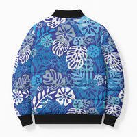 Blue Aloha Hawaiian Bomber Puffer Jacket Monstera Hibiscus Tropical Pattern LT19 - Polynesian Pride