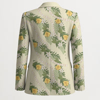 Hawaiian Pikake Maile Lei Blazer Tiare Hibiscus Kalo Palapalai Leaf Beige