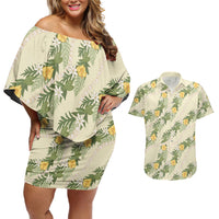Hawaiian Pikake Maile Lei Couples Matching Off Shoulder Short Dress and Hawaiian Shirt Tiare Hibiscus Kalo Palapalai Leaf Beige LT19 Beige - Polynesian Pride