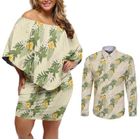 Hawaiian Pikake Maile Lei Couples Matching Off Shoulder Short Dress and Long Sleeve Button Shirt Tiare Hibiscus Kalo Palapalai Leaf Beige LT19 Beige - Polynesian Pride