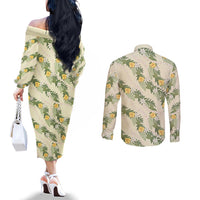 Hawaiian Pikake Maile Lei Couples Matching Off The Shoulder Long Sleeve Dress and Long Sleeve Button Shirt Tiare Hibiscus Kalo Palapalai Leaf Beige LT19 - Polynesian Pride