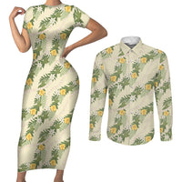 Hawaiian Pikake Maile Lei Couples Matching Short Sleeve Bodycon Dress and Long Sleeve Button Shirt Tiare Hibiscus Kalo Palapalai Leaf Beige LT19 Beige - Polynesian Pride