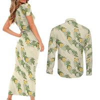 Hawaiian Pikake Maile Lei Couples Matching Short Sleeve Bodycon Dress and Long Sleeve Button Shirt Tiare Hibiscus Kalo Palapalai Leaf Beige LT19 - Polynesian Pride