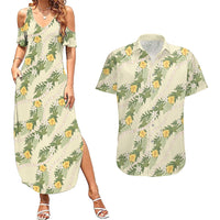 Hawaiian Pikake Maile Lei Couples Matching Summer Maxi Dress and Hawaiian Shirt Tiare Hibiscus Kalo Palapalai Leaf Beige LT19 Beige - Polynesian Pride