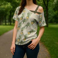Hawaiian Pikake Maile Lei Cross Shoulder Shirt Tiare Hibiscus Kalo Palapalai Leaf Beige LT19 - Polynesian Pride