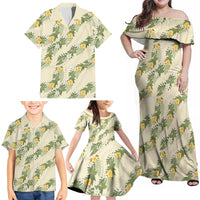 Hawaiian Pikake Maile Lei Family Matching Off Shoulder Maxi Dress and Hawaiian Shirt Tiare Hibiscus Kalo Palapalai Leaf Beige LT19 - Polynesian Pride