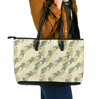 Hawaiian Pikake Maile Lei Leather Tote Bag Tiare Hibiscus Kalo Palapalai Leaf Beige LT19 - Polynesian Pride