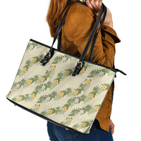 Hawaiian Pikake Maile Lei Leather Tote Bag Tiare Hibiscus Kalo Palapalai Leaf Beige LT19 - Polynesian Pride