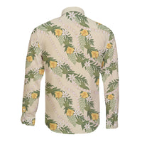 Hawaiian Pikake Maile Lei Long Sleeve Button Shirt Tiare Hibiscus Kalo Palapalai Leaf Beige LT19 - Polynesian Pride