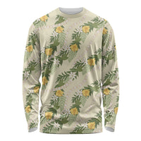 Hawaiian Pikake Maile Lei Long Sleeve Shirt Tiare Hibiscus Kalo Palapalai Leaf Beige LT19 Unisex Beige - Polynesian Pride