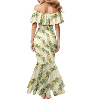 Hawaiian Pikake Maile Lei Mermaid Dress Tiare Hibiscus Kalo Palapalai Leaf Beige LT19 - Polynesian Pride