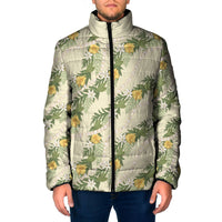 Hawaiian Pikake Maile Lei Padded Jacket Tiare Hibiscus Kalo Palapalai Leaf Beige